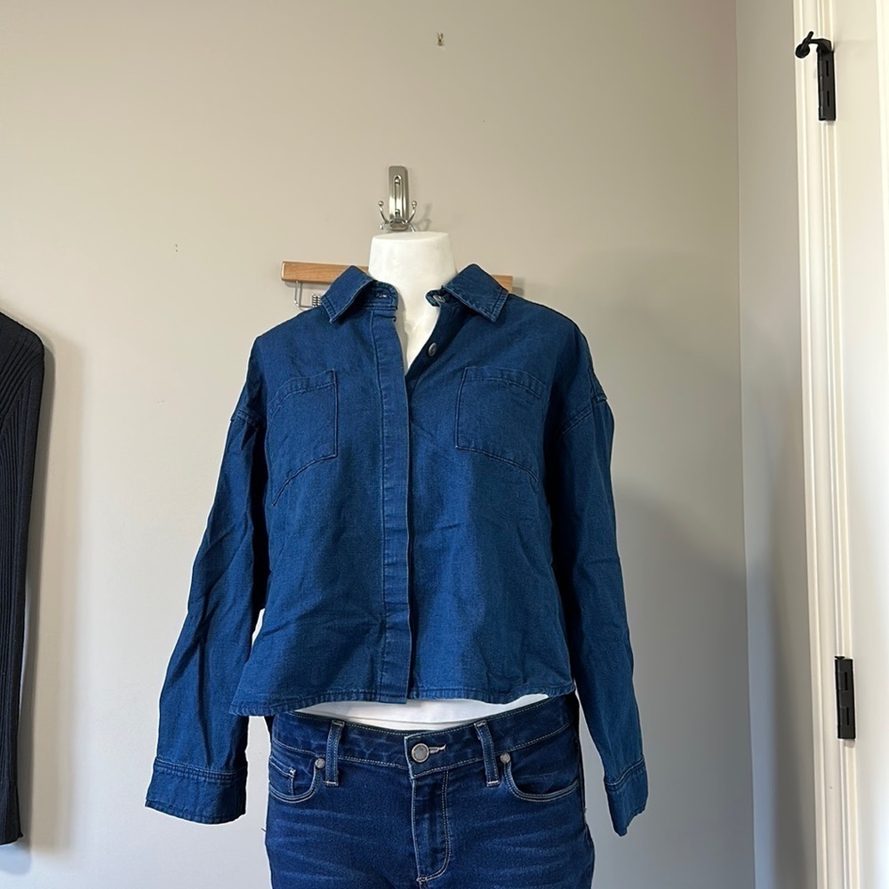 Sandrine Rose Indigo Button Down Denim Shirt High Low Hem Long Sleeve Sz S NEW - Picture 2 of 6
